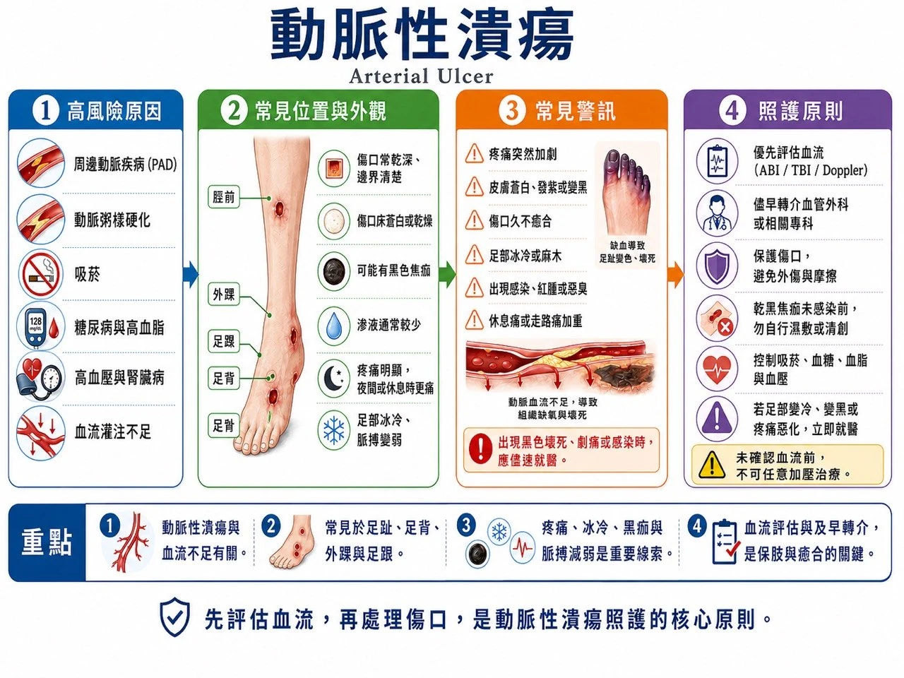 動脈性潰瘍圖解:高風險原因、常見位置與外觀、常見警訊、照護原則(先評估血流再處理傷口)