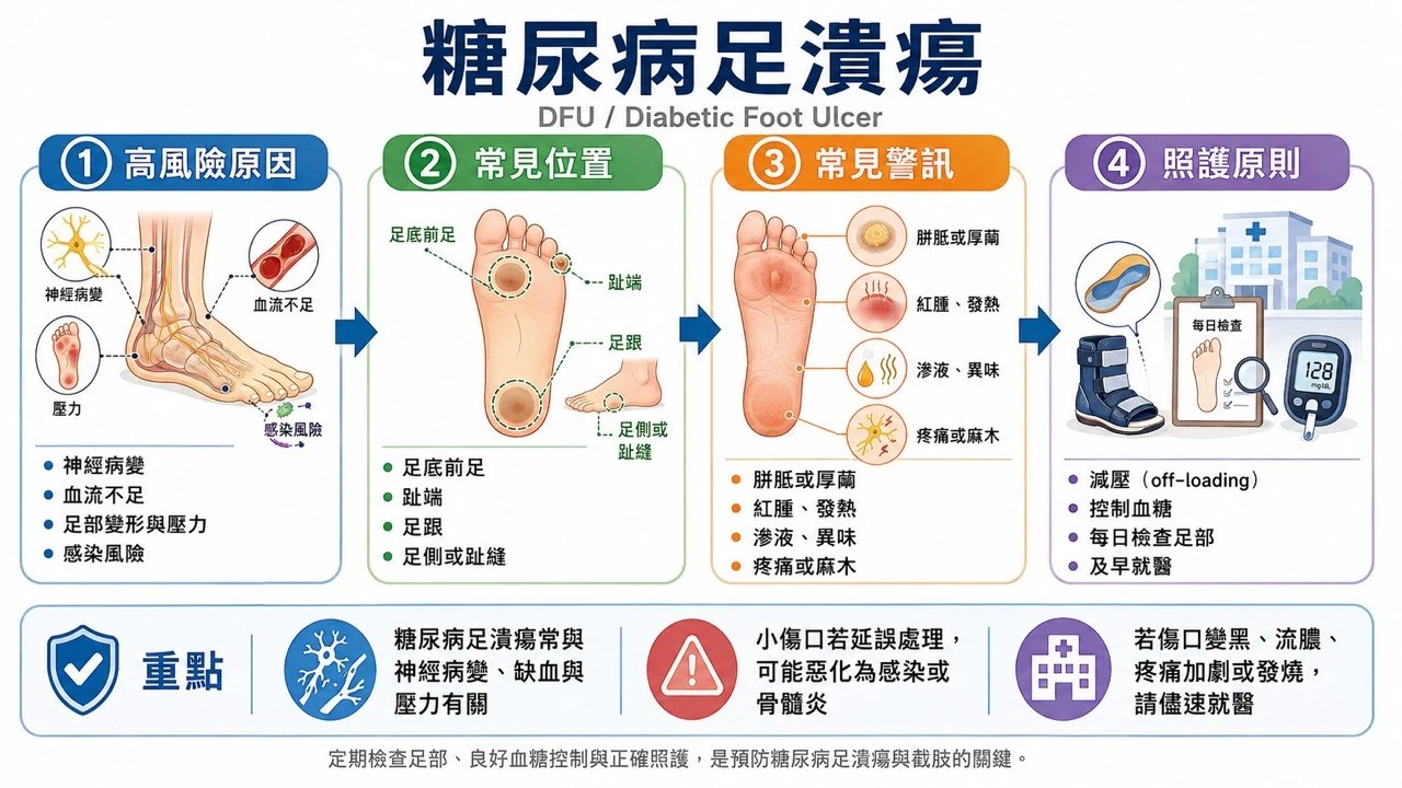 糖尿病足潰瘍圖解:高風險原因、常見位置、常見警訊、照護原則