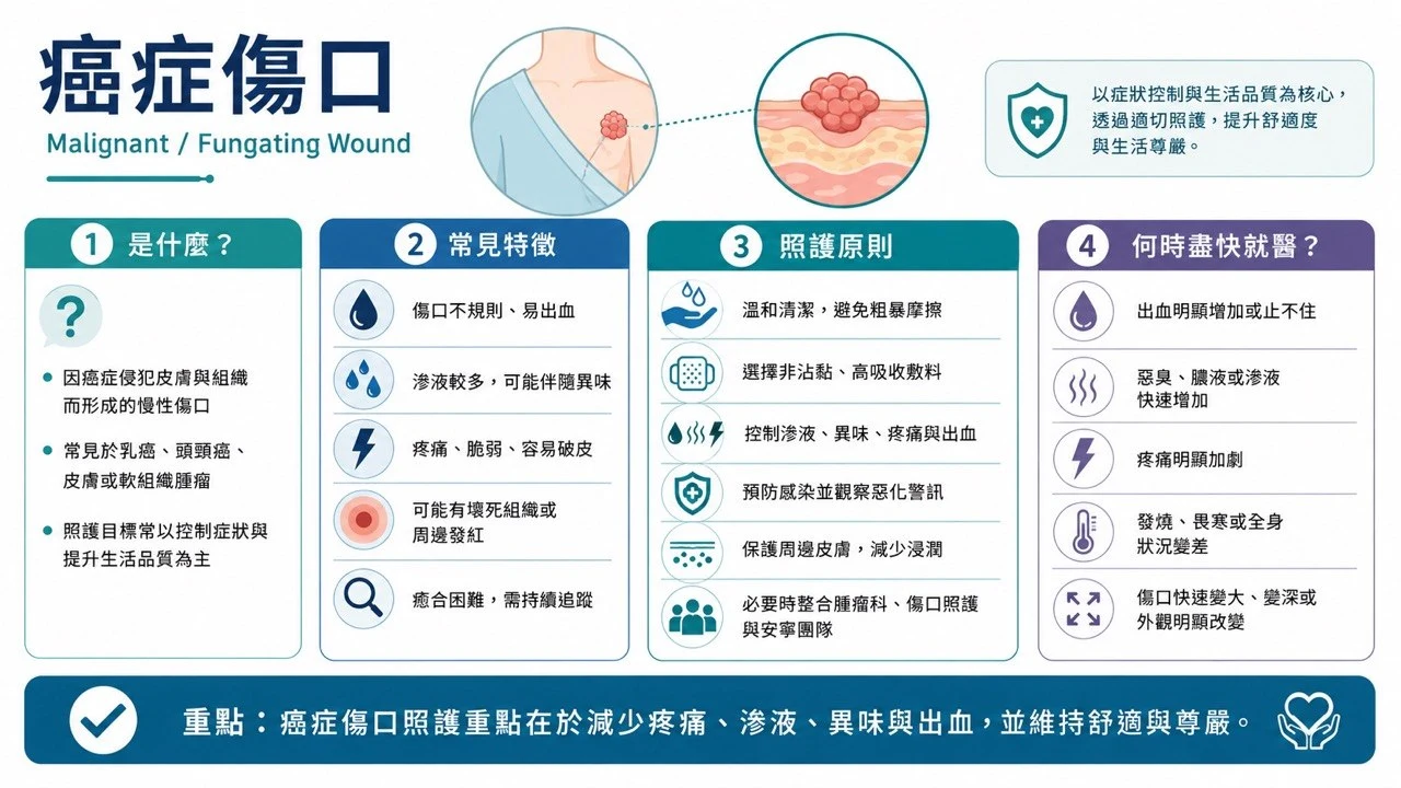 癌症傷口圖解:是什麼、常見特徵、照護原則、何時盡快就醫