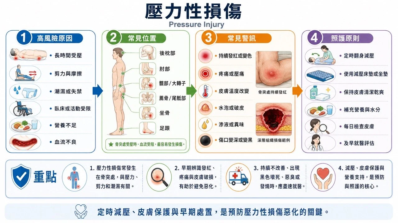 壓力性損傷圖解:高風險原因、常見位置(骨突處)、常見警訊、照護原則