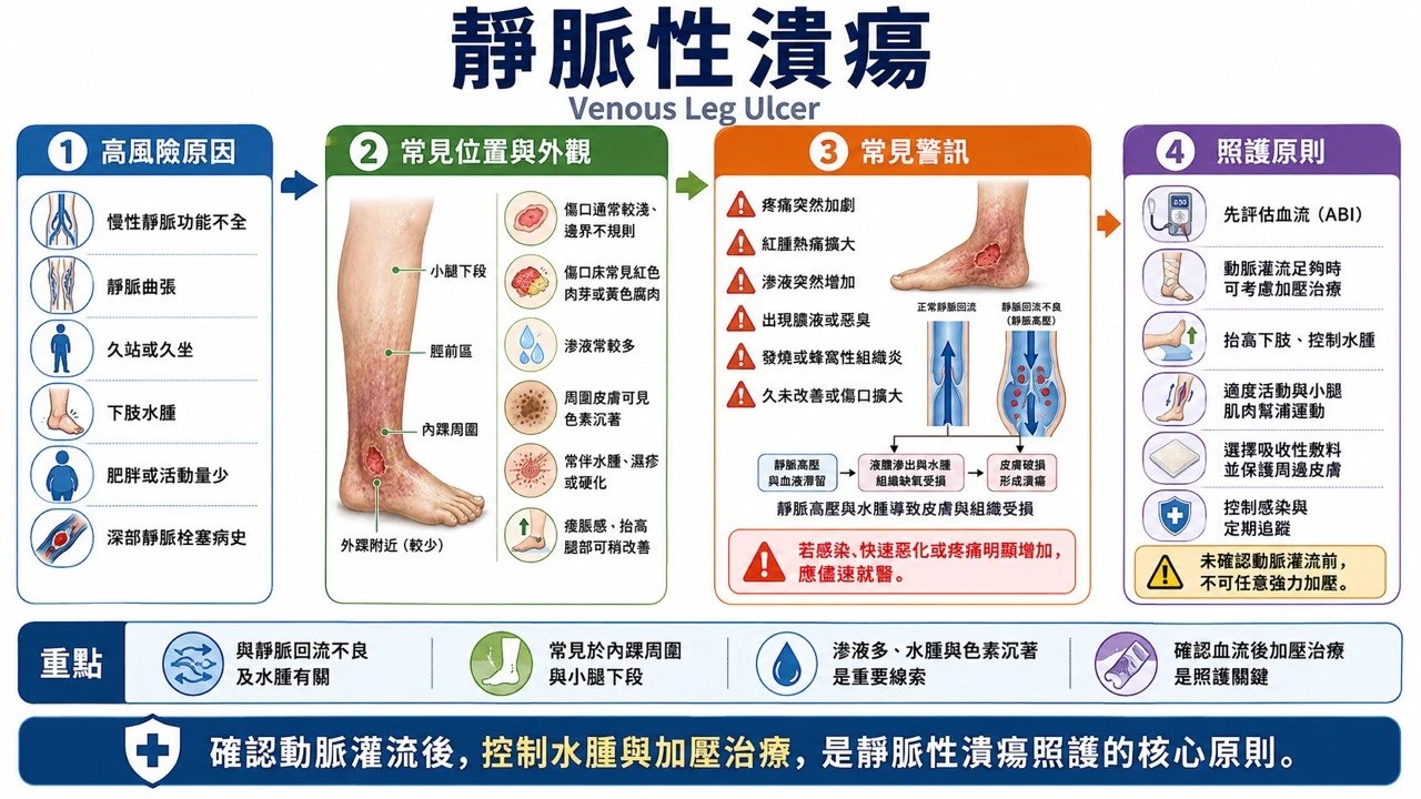 靜脈性潰瘍圖解:高風險原因、常見位置與外觀、常見警訊、照護原則(確認動脈灌流後控制水腫與加壓治療)